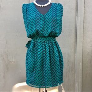 Flirty Blue Rain Belted Herringbone Dress